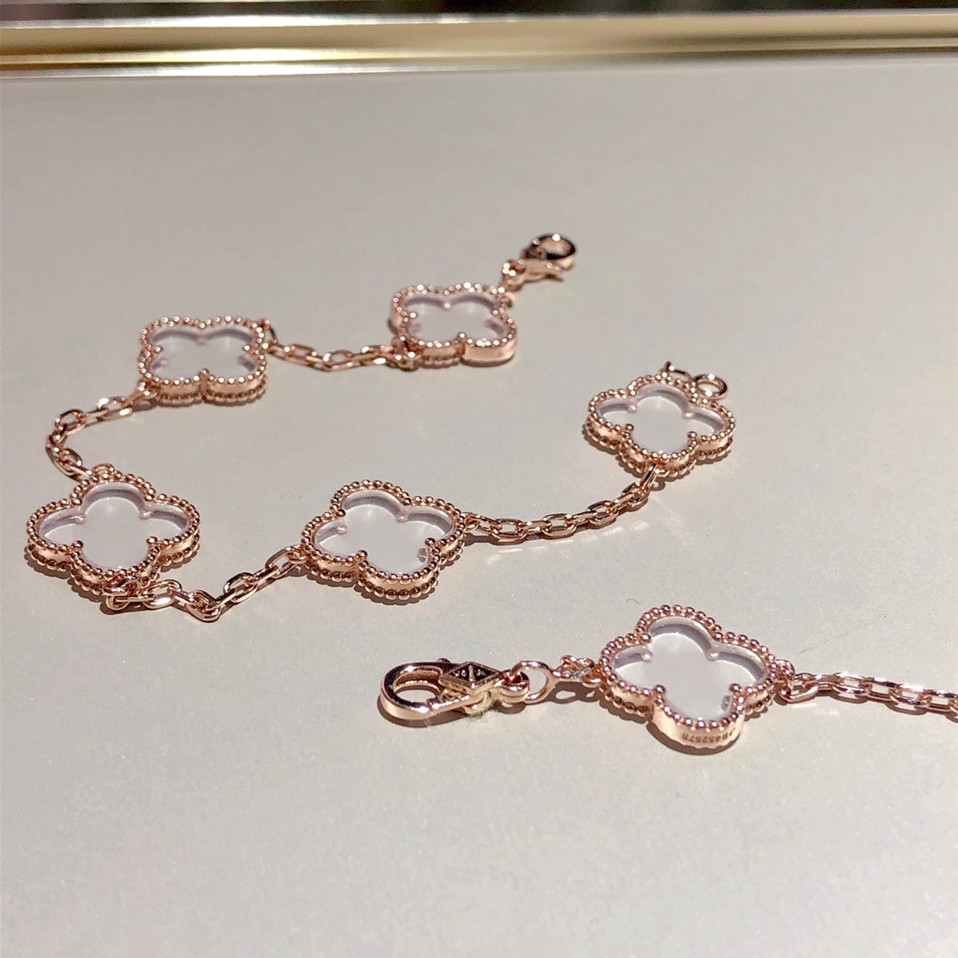 [✨ROSE💎]CLOVER 5 MOTIF ROCK CRYSTAL BRACELET