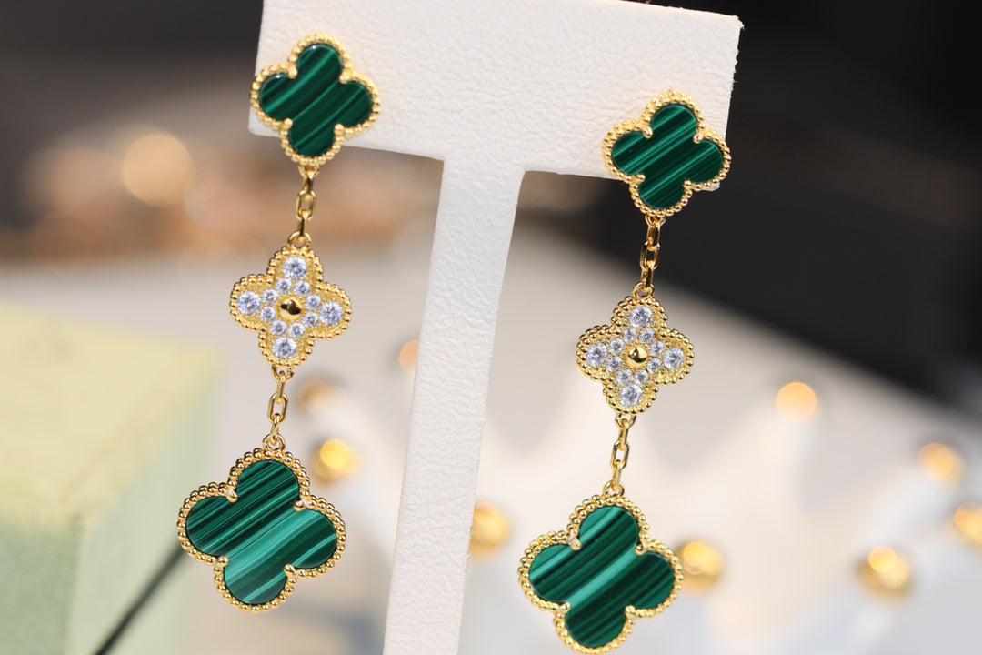 [✨ROSE💎]CLOVER EARRINGS GOLD MALACHITE DIAMOND 3 MOTIF