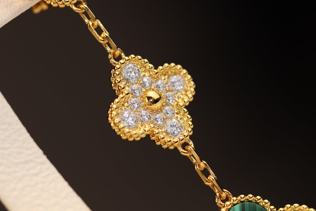 [✨ROSE💎]CLOVER EARRINGS GOLD MALACHITE DIAMOND 3 MOTIF