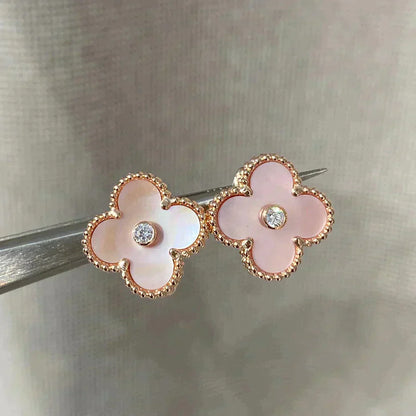 [✨ROSE💎]CLOVER MEDIUM 1 MOTIFS  PINK MOP DIAMOND EARRINGS