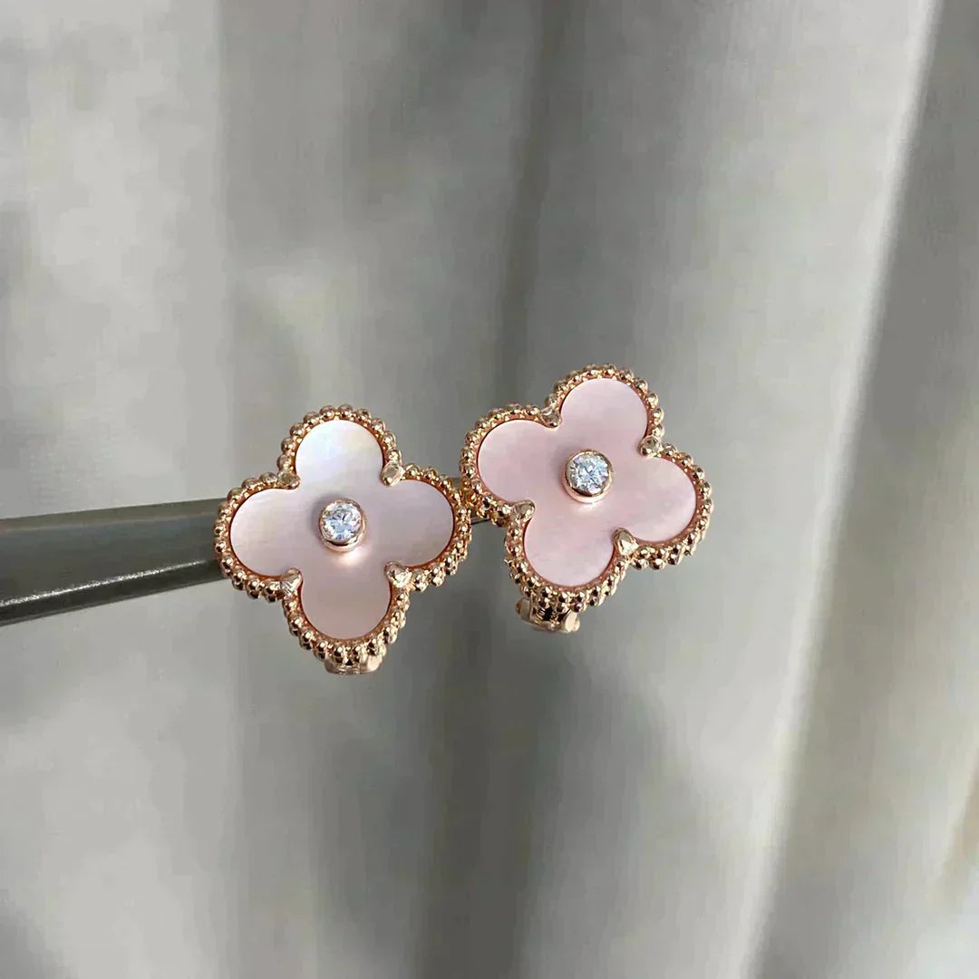 [✨ROSE💎]CLOVER MEDIUM 1 MOTIFS  PINK MOP DIAMOND EARRINGS