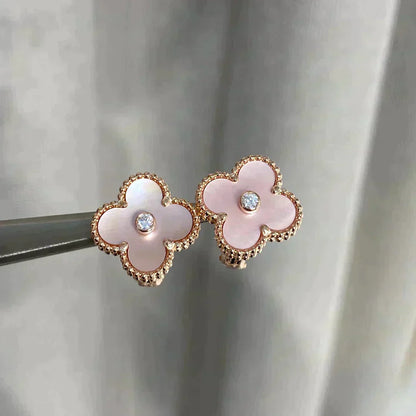 [✨ROSE💎]CLOVER MEDIUM 1 MOTIFS  PINK MOP DIAMOND EARRINGS