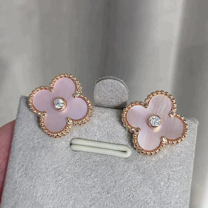 [✨ROSE💎]CLOVER MEDIUM 1 MOTIFS  PINK MOP DIAMOND EARRINGS