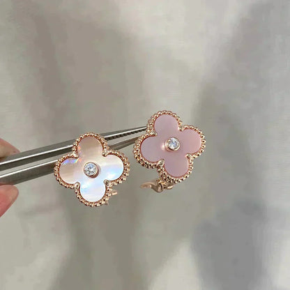 [✨ROSE💎]CLOVER MEDIUM 1 MOTIFS  PINK MOP DIAMOND EARRINGS