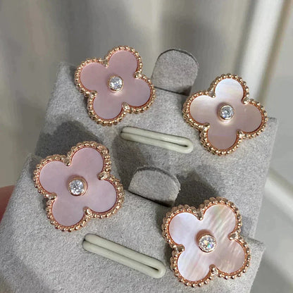 [✨ROSE💎]CLOVER MEDIUM 1 MOTIFS  PINK MOP DIAMOND EARRINGS