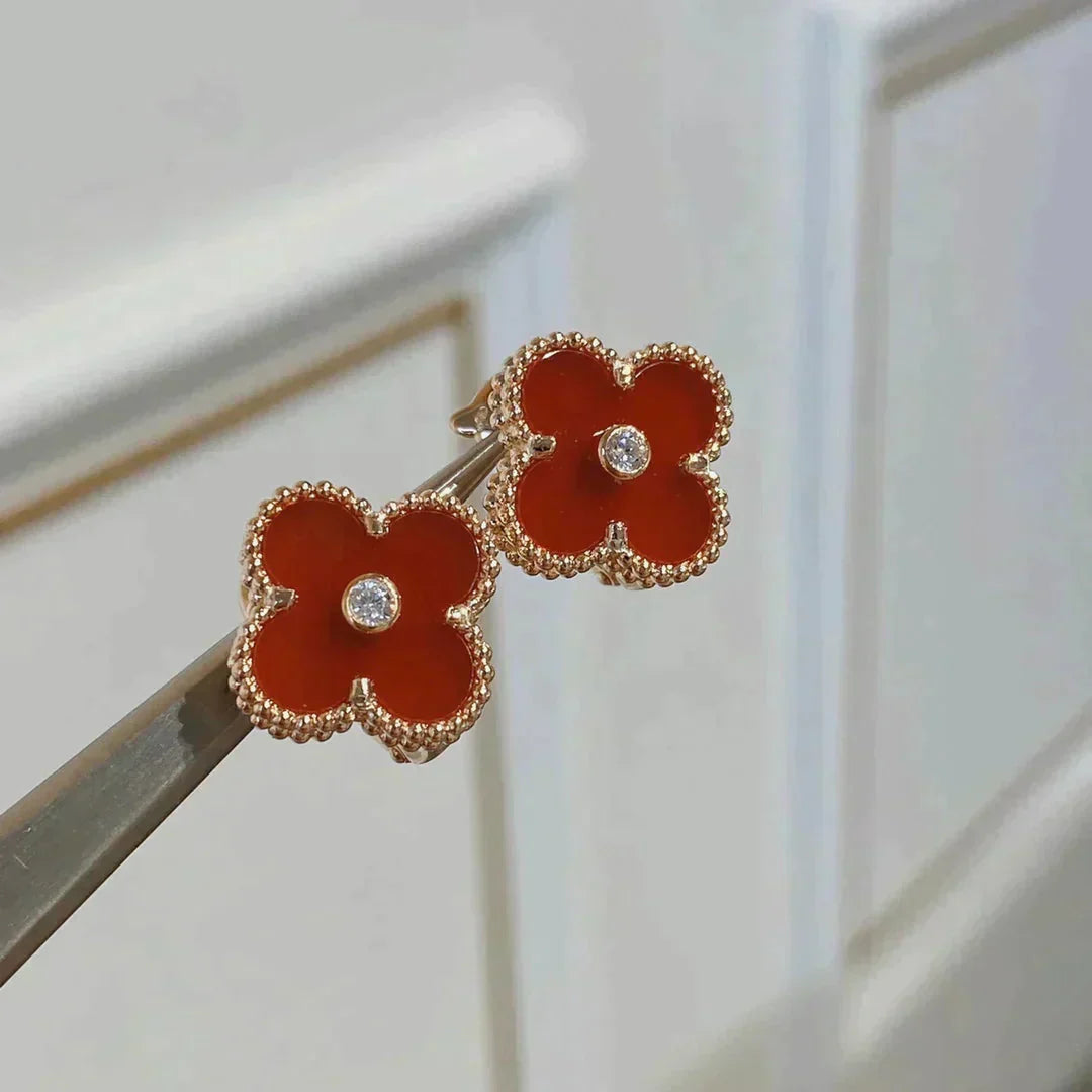 [✨ROSE💎]CLOVER MEDIUM 1 MOTIFS CARNELIAN  DIAMOND earrings
