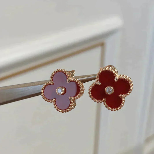 [✨ROSE💎]CLOVER MEDIUM 1 MOTIFS CARNELIAN  DIAMOND earrings
