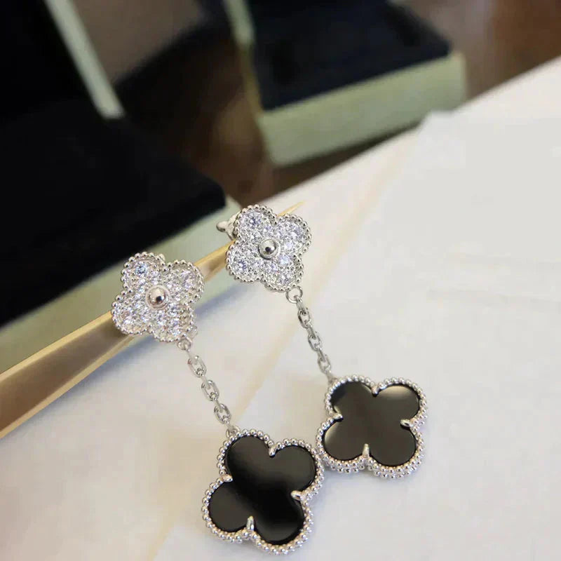 [✨ROSE💎]CLOVER 2 MOTIFS  DIAMOND ONYX EARRINGS SILVER