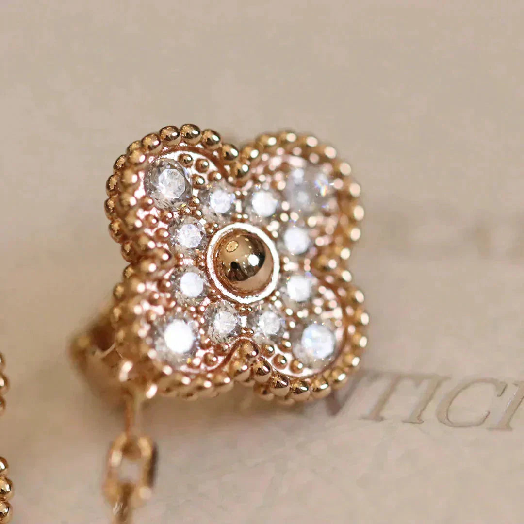 [✨ROSE💎]CLOVER MEDIUM 1 MOTIFS FUll DIAMOND EARRINGS