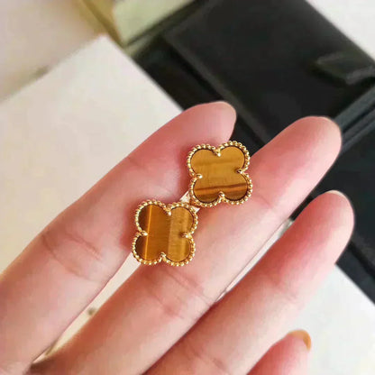 [✨ROSE💎]CLOVER MEDIUM 1 MOTIFS TIGER EYE EARRINGS