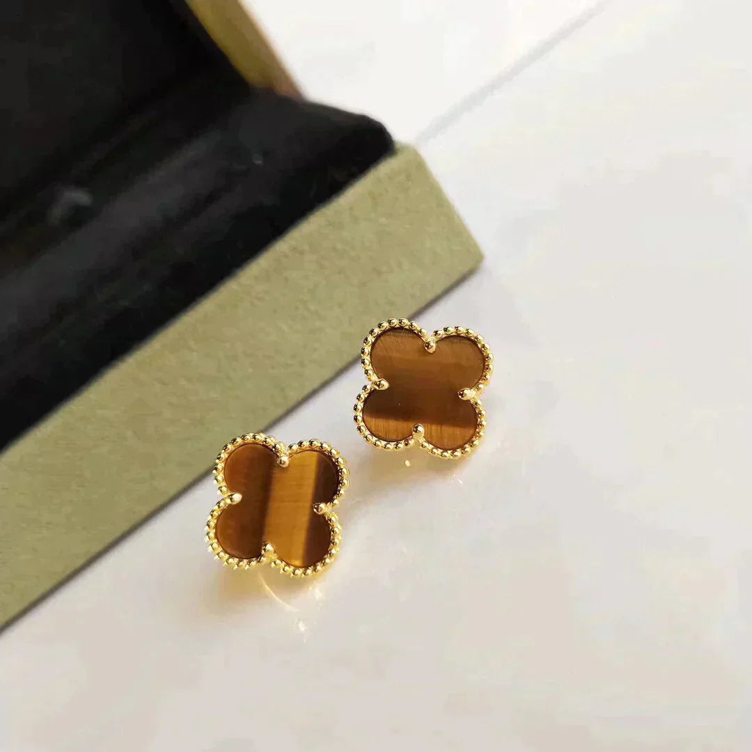 [✨ROSE💎]CLOVER MEDIUM 1 MOTIFS TIGER EYE EARRINGS