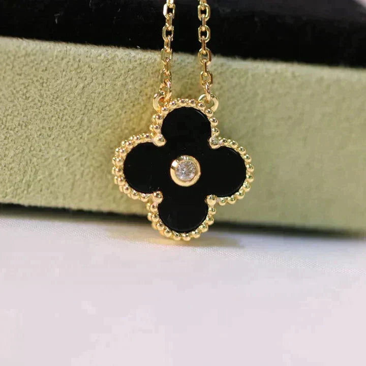 [✨ROSE💎]CLOVER 15MM DIAMOND ONYX NECKLACE