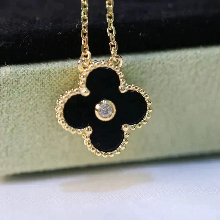 [✨ROSE💎]CLOVER 15MM DIAMOND ONYX NECKLACE