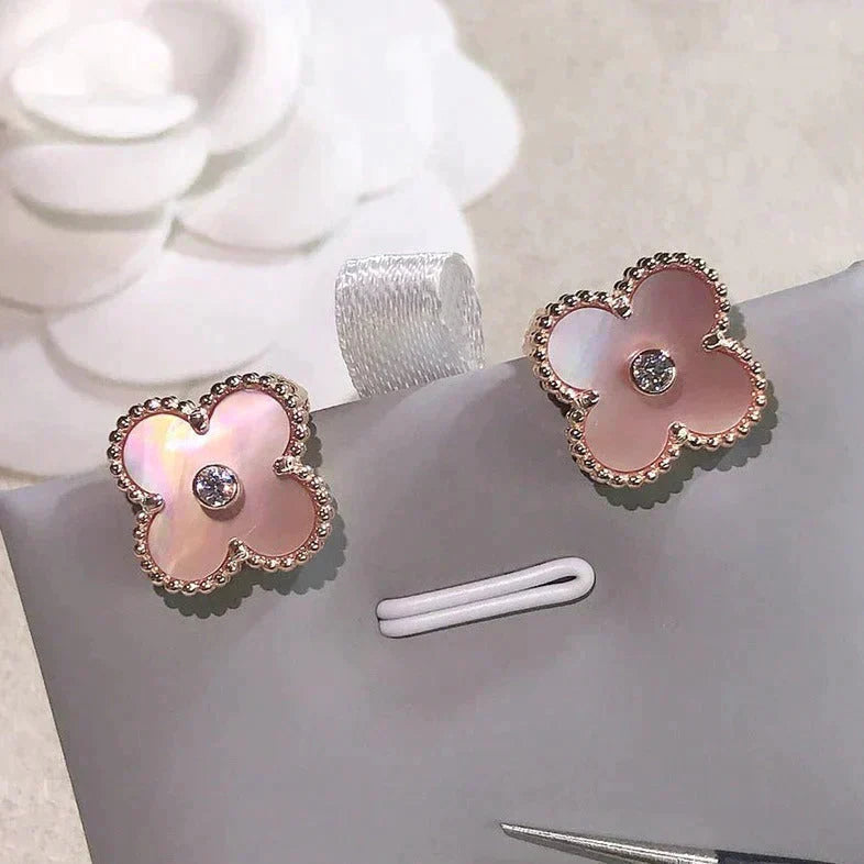 [✨ROSE💎]CLOVER MEDIUM 1 MOTIFS  PINK MOP DIAMOND EARRINGS
