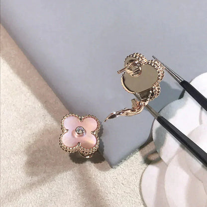 [✨ROSE💎]CLOVER MEDIUM 1 MOTIFS  PINK MOP DIAMOND EARRINGS