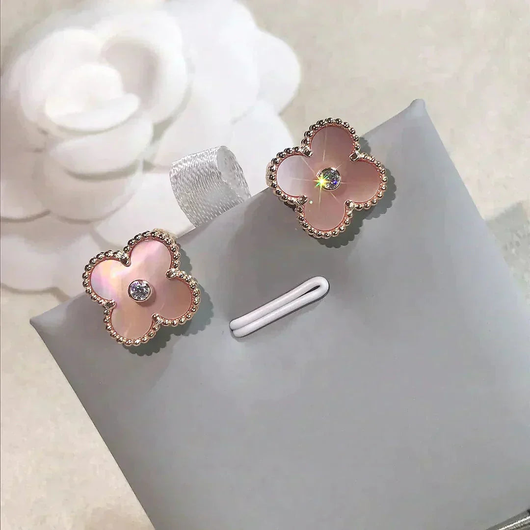 [✨ROSE💎]CLOVER MEDIUM 1 MOTIFS  PINK MOP DIAMOND EARRINGS