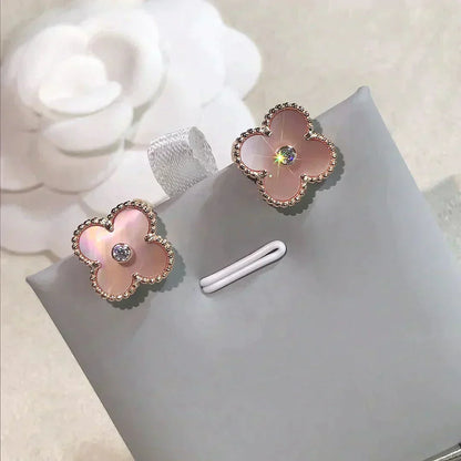 [✨ROSE💎]CLOVER MEDIUM 1 MOTIFS  PINK MOP DIAMOND EARRINGS