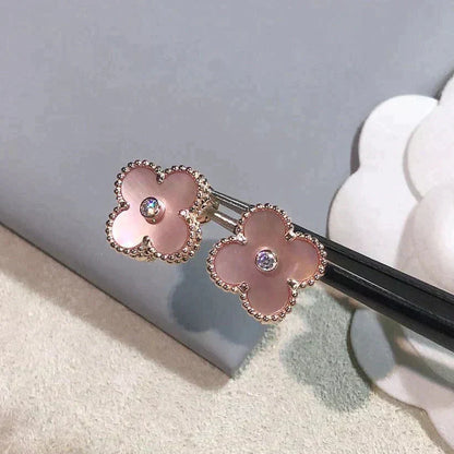 [✨ROSE💎]CLOVER MEDIUM 1 MOTIFS  PINK MOP DIAMOND EARRINGS