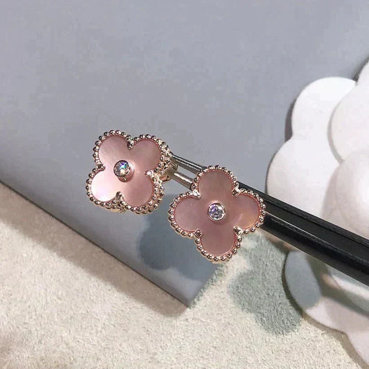 [✨ROSE💎]CLOVER MEDIUM 1 MOTIFS  PINK MOP DIAMOND EARRINGS