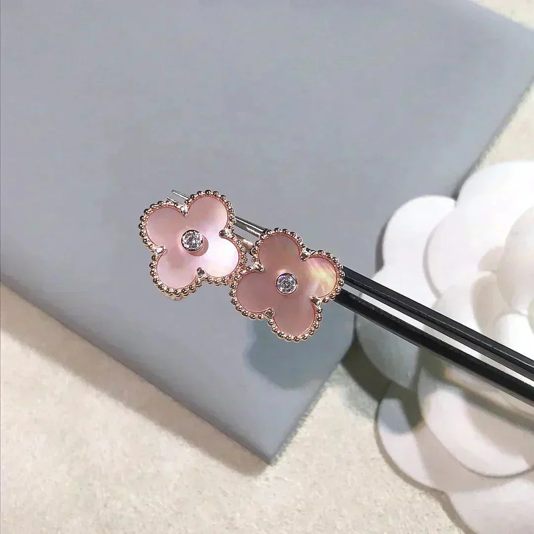 [✨ROSE💎]CLOVER MEDIUM 1 MOTIFS  PINK MOP DIAMOND EARRINGS