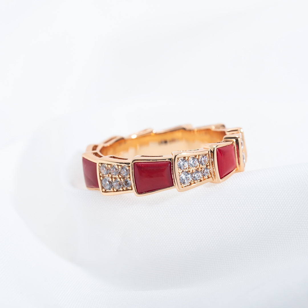 [✨ROSE💎]SERPENTI RING PINK GOLD CARNELIAN DIAMOND PAVED 4MM