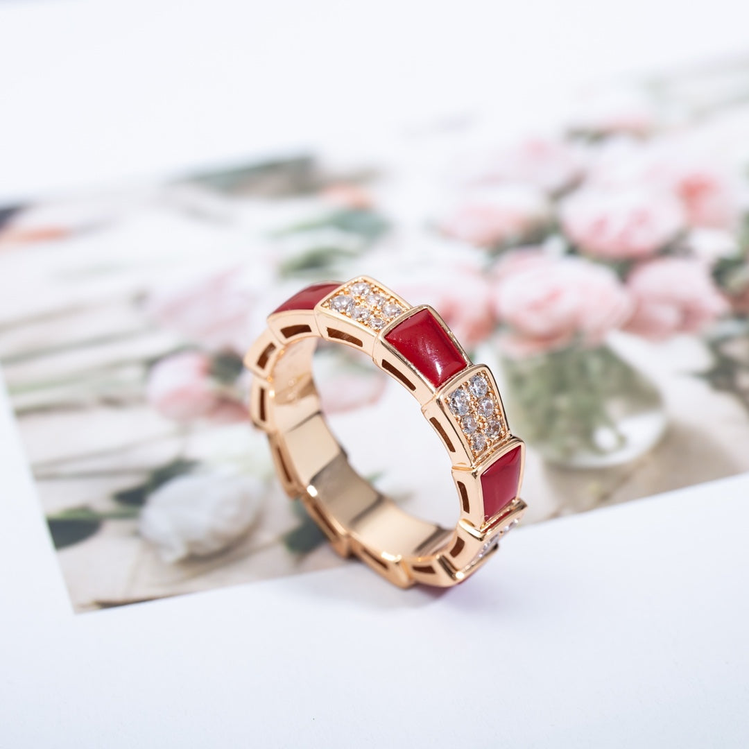 [✨ROSE💎]SERPENTI RING PINK GOLD CARNELIAN DIAMOND PAVED 4MM