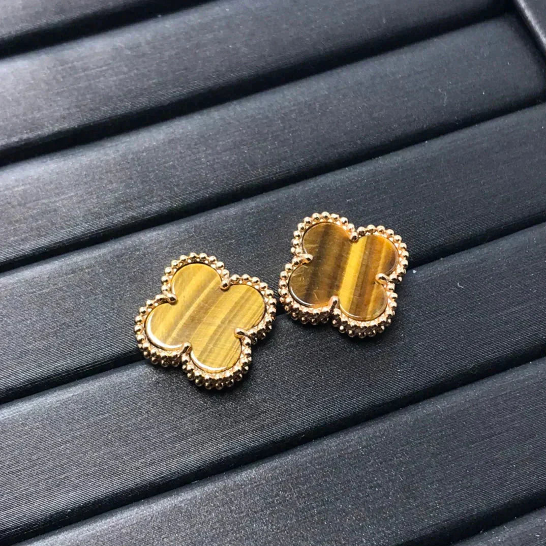 [✨ROSE💎]CLOVER MEDIUM 1 MOTIFS TIGER EYE EARRINGS