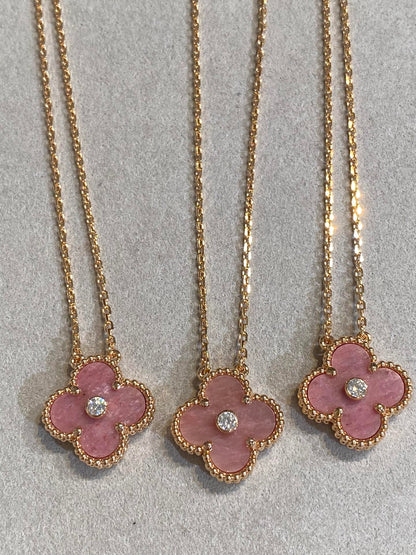 [✨ROSE💎]CLOVER 15MM DIAMOND RHODONITE NECKLACE