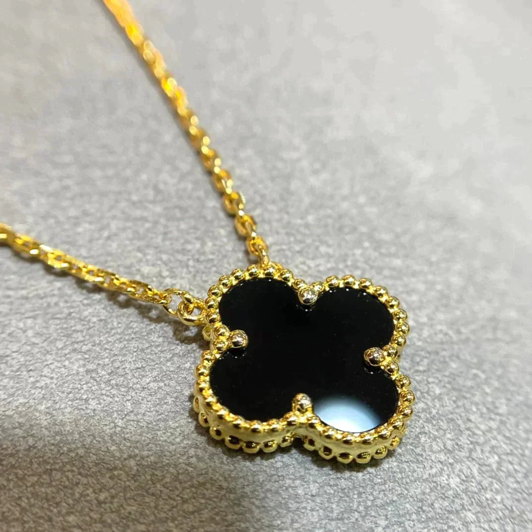 [✨ROSE💎]CLOVER 15MM BLACK ONYX SINGLE FLOWER NECKLACE