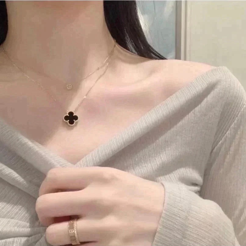 [✨ROSE💎]CLOVER 15MM BLACK ONYX SINGLE FLOWER NECKLACE