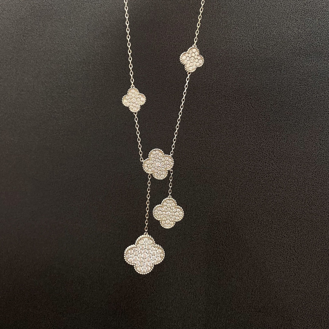 [✨ROSE💎]CLOVER 5 MOTIFS SILVER DIAMONDS NECKLACE