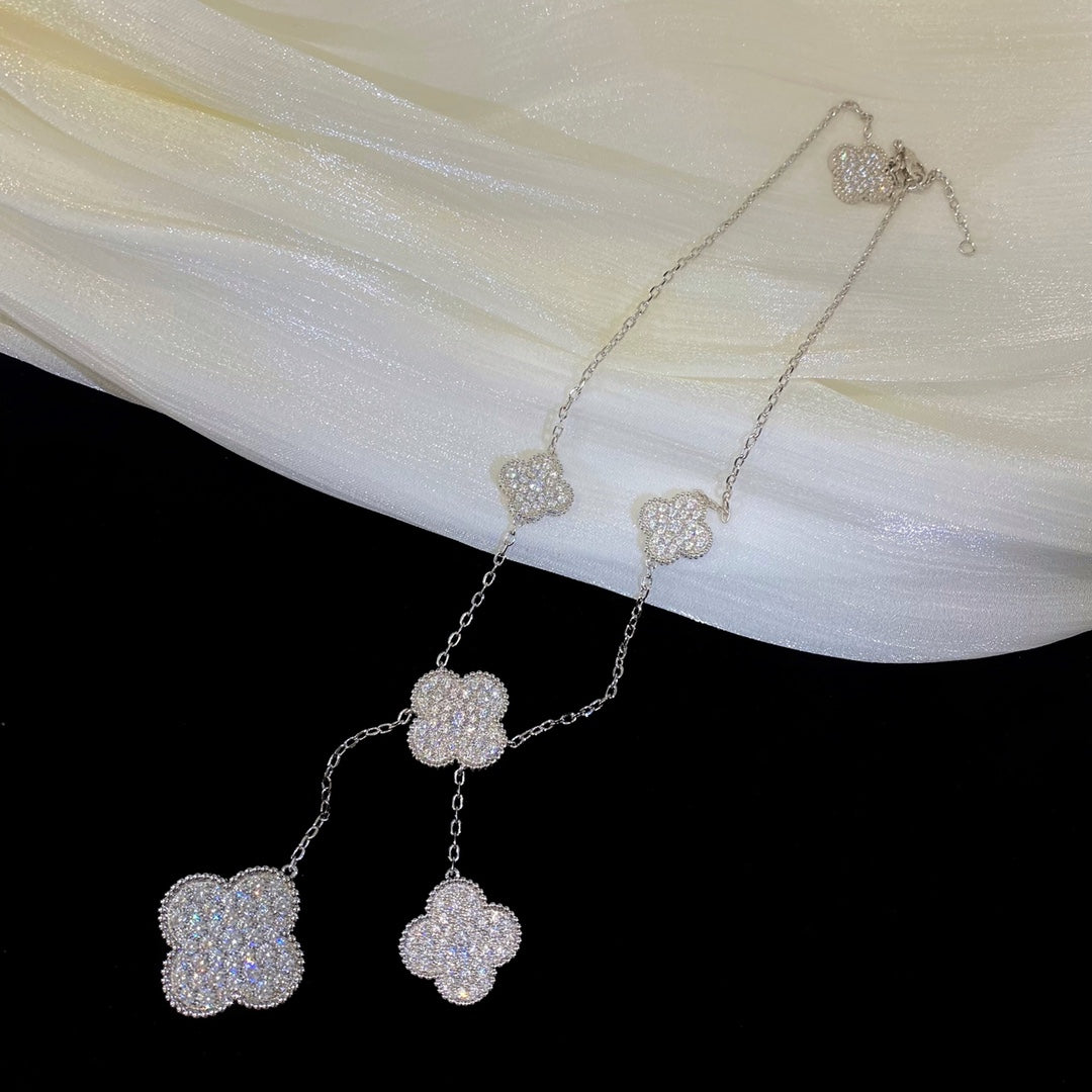 [✨ROSE💎]CLOVER 5 MOTIFS SILVER DIAMONDS NECKLACE