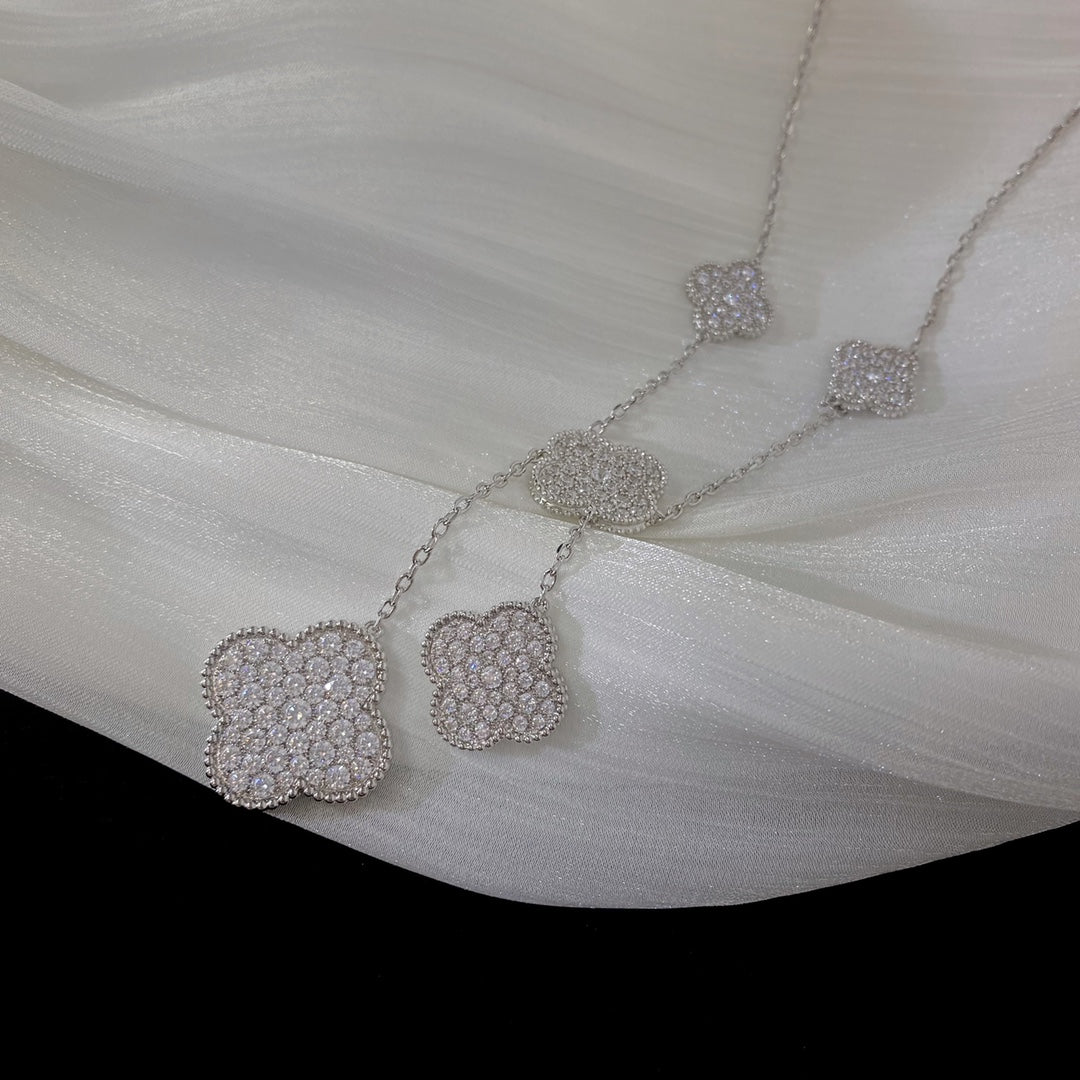 [✨ROSE💎]CLOVER 5 MOTIFS SILVER DIAMONDS NECKLACE