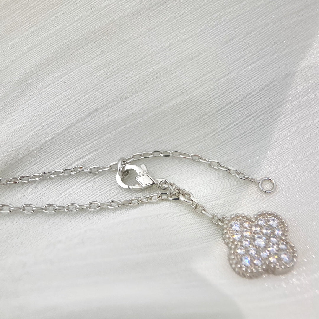 [✨ROSE💎]CLOVER 5 MOTIFS SILVER DIAMONDS NECKLACE