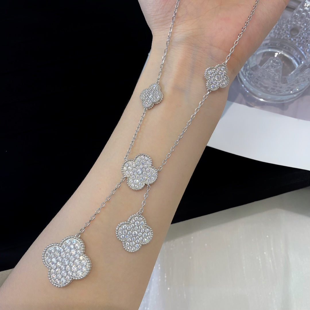 [✨ROSE💎]CLOVER 5 MOTIFS SILVER DIAMONDS NECKLACE