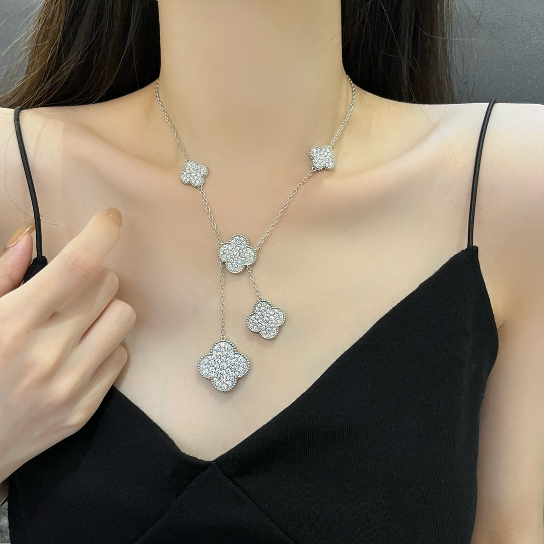 [✨ROSE💎]CLOVER 5 MOTIFS SILVER DIAMONDS NECKLACE
