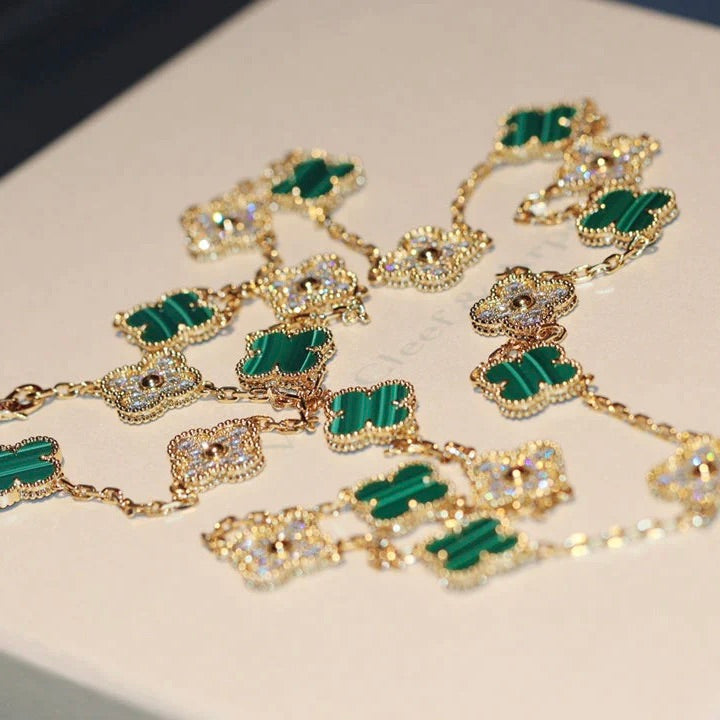 [✨ROSE💎]CLOVER 20 MOTIFS MALACHITE DIAMOND NECKLACE
