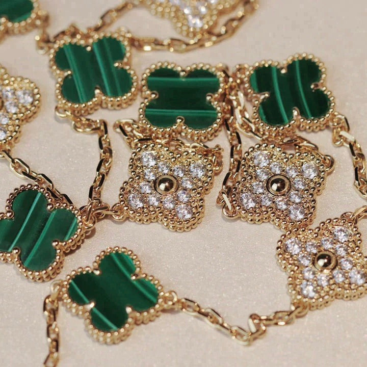 [✨ROSE💎]CLOVER 20 MOTIFS MALACHITE DIAMOND NECKLACE