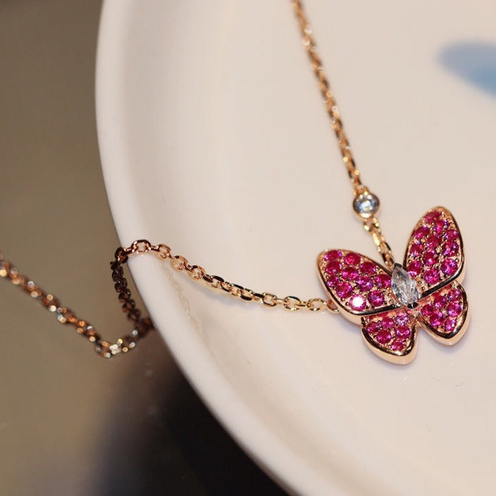 [✨ROSE💎]BUTTERFLY RED DIAMOND ROSE GOLD NECKLACE