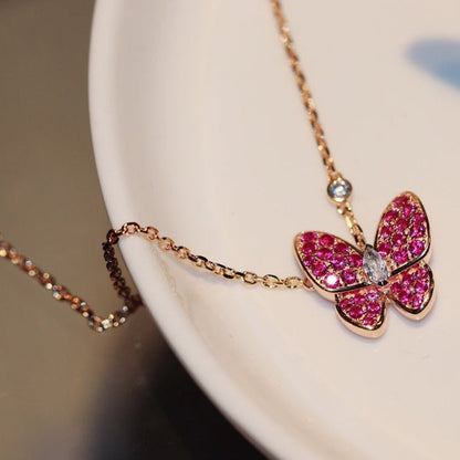 [✨ROSE💎]BUTTERFLY RED DIAMOND ROSE GOLD NECKLACE