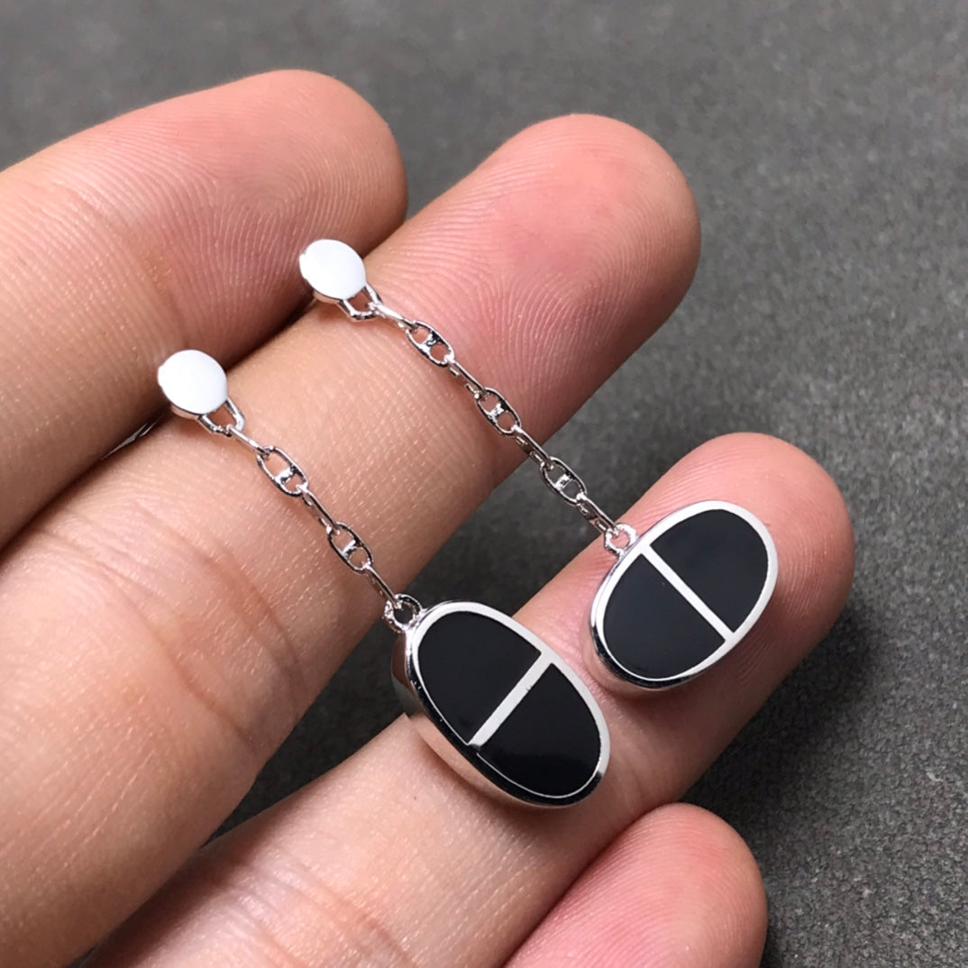 [✨ROSE💎]CHAINE VERSO BLACK CERAMIC SILVER EARRINGS