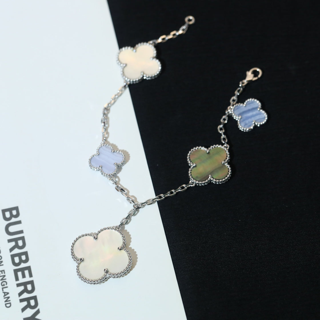 [✨ROSE💎]CLOVER BRACELET 5 MOTIFS MOP CHALCEDONY SILVER