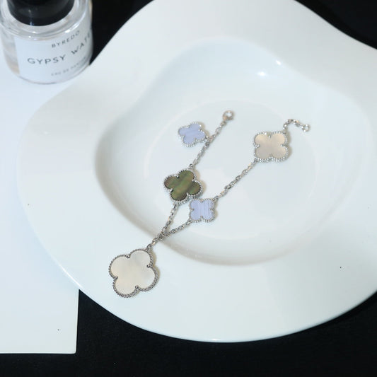 [✨ROSE💎]CLOVER BRACELET 5 MOTIFS MOP CHALCEDONY SILVER