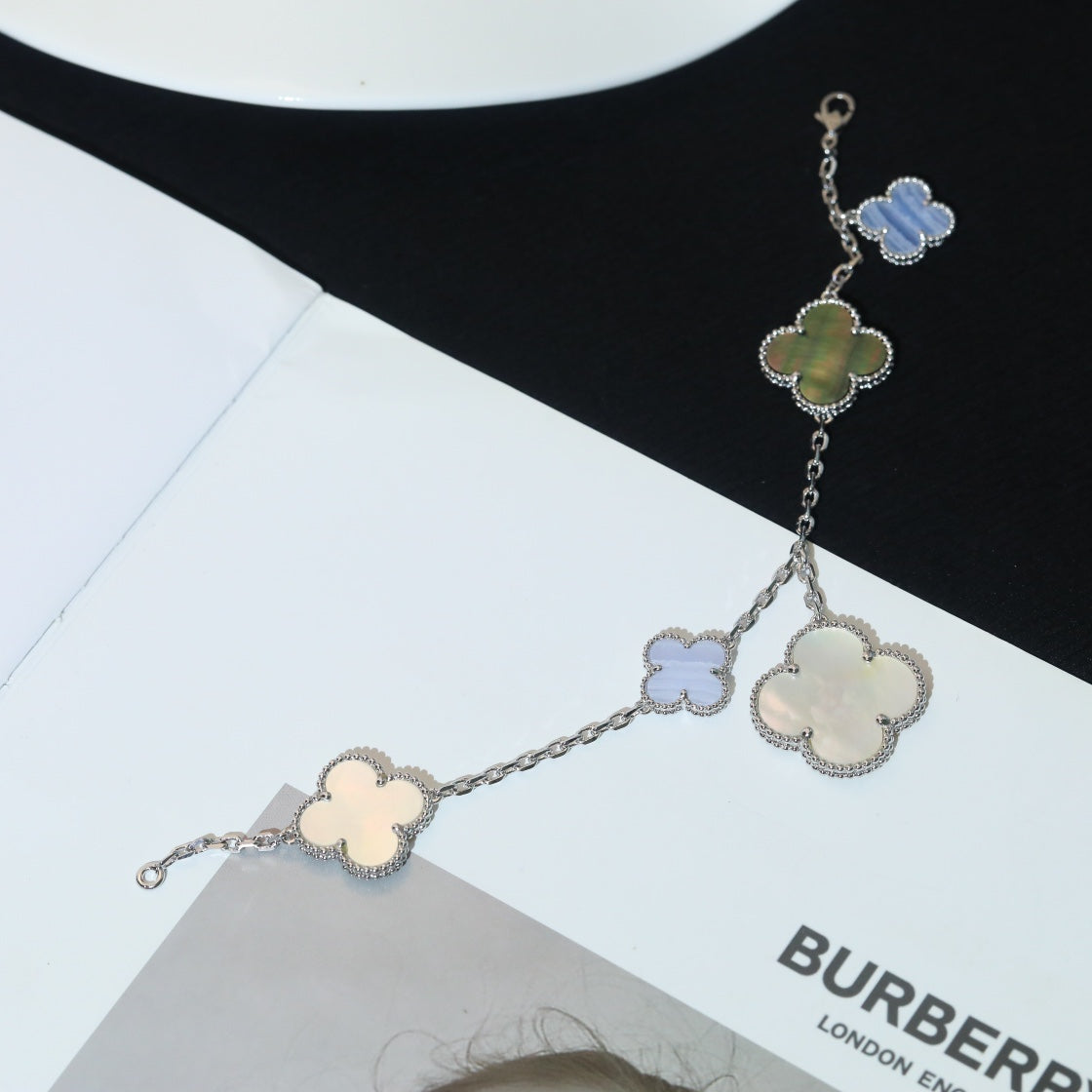 [✨ROSE💎]CLOVER BRACELET 5 MOTIFS MOP CHALCEDONY SILVER