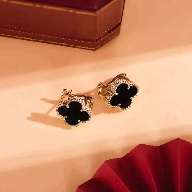 [✨ROSE💎]CLOVER MEDIUM 1 MOTIFS  ONYX STUD EARRINGS