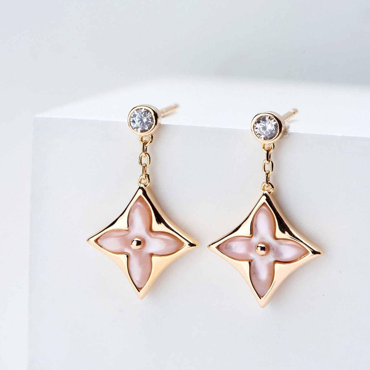 [✨ROSE💎]DOUBLE STAR PINK GOLD MOP DROP EARRINGS