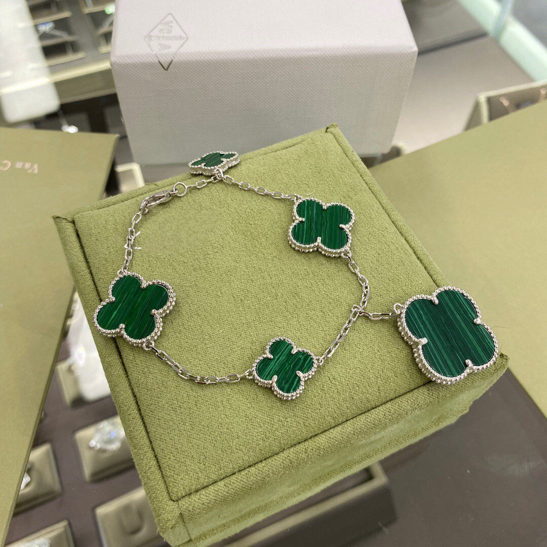 [✨ROSE💎]CLOVER 5 MOTIFS SIVLER MALACHITE BRACELET