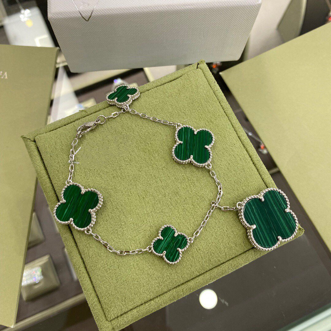 [✨ROSE💎]CLOVER 5 MOTIFS SIVLER MALACHITE BRACELET