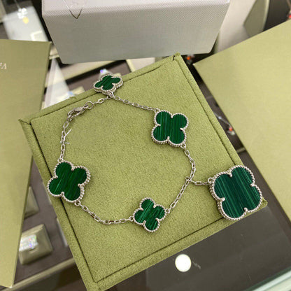 [✨ROSE💎]CLOVER 5 MOTIFS SIVLER MALACHITE BRACELET