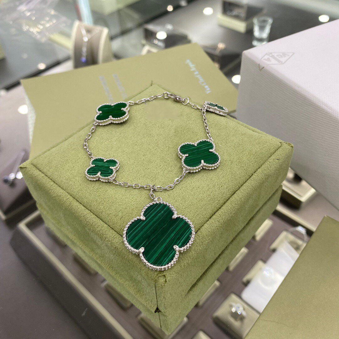 [✨ROSE💎]CLOVER 5 MOTIFS SIVLER MALACHITE BRACELET